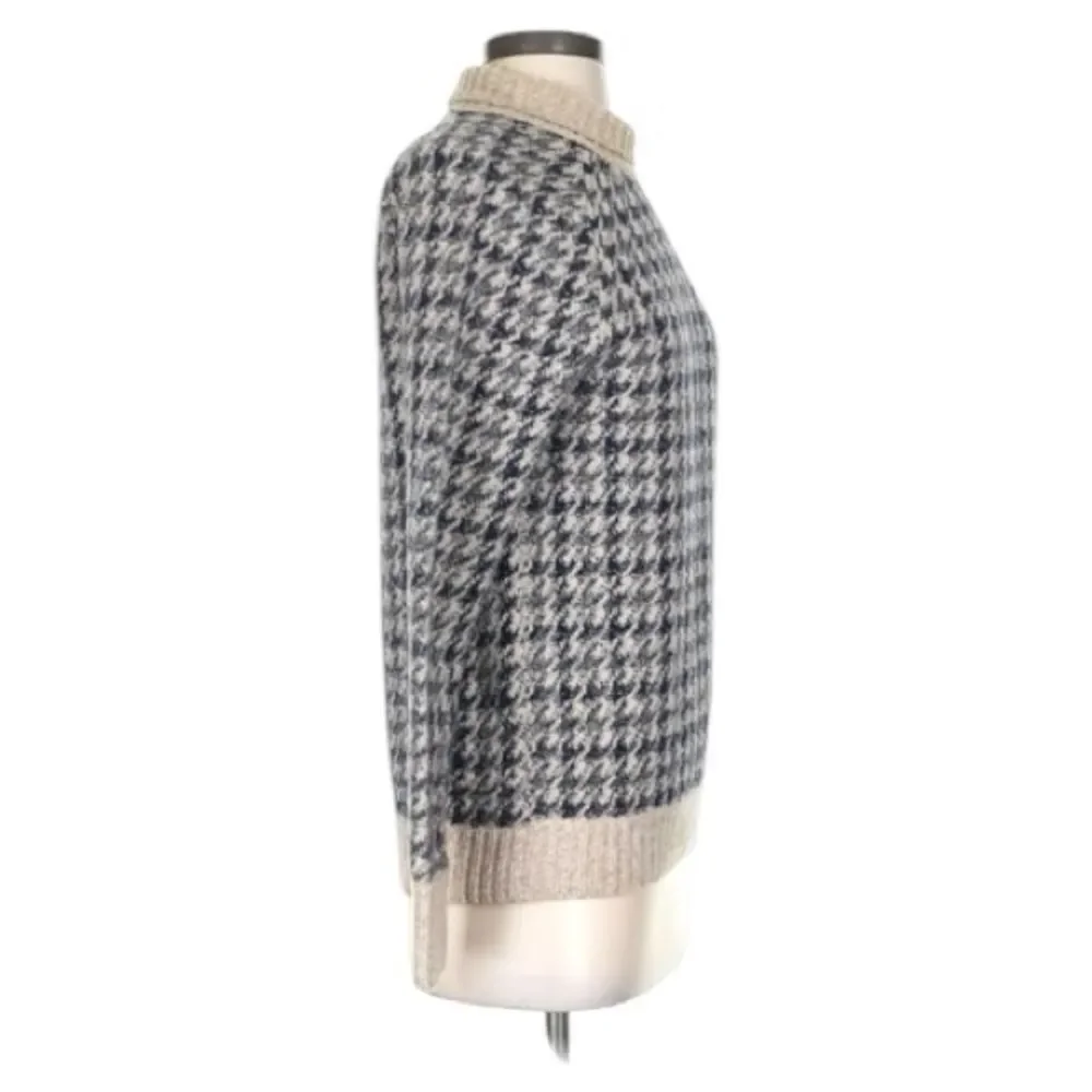 Theory Wool Houndstooth Luxury Beige Gray Mock Neck Crewneck Sweater Petite P